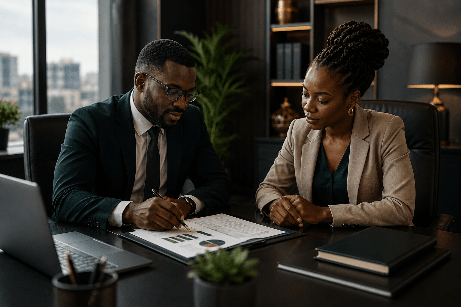 African business professionals discussing financial documents